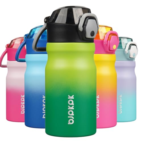 Image of BJPKPK 14 oz Insulated Water Bottle, Straw, Handle, Stainless Steel Flask | Leak Proof Locking Lid, Double Wall Vacuum, Keeps Hot /Cold, BPA Free, Dishwasher Safe, Travel & Sports, Bamboo Grove