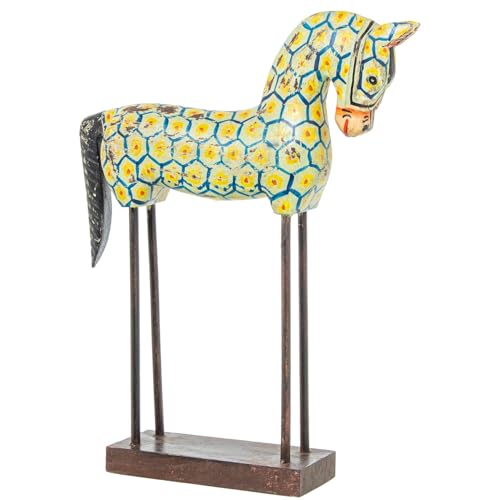 Figura di cavallo in legno con gambe in metallo e 27x8x40 cm giallo blu