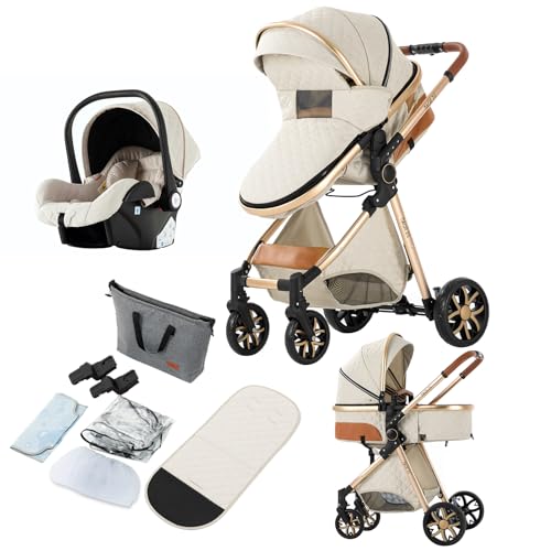 Reenborn Carrito Bebe 3 en 1, Carro Bebe con Dos Modos de Empuje Reversibles, Cochecito Bebe 3 Piezas con Marco de Aluminio, Carricoche Bebe con Diseño Plegable con Un Solo Clic (V9 Creamy White)