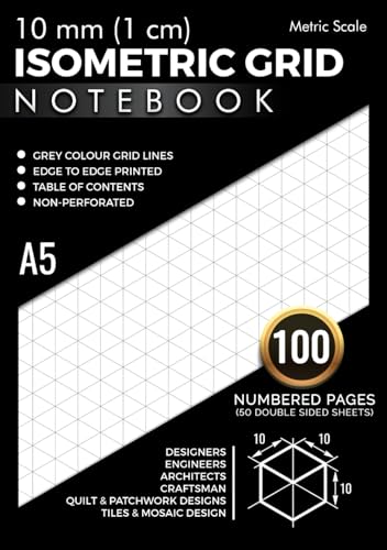 10mm (1cm) Isometric Graph Paper Notebook A5: 100 Numbered Pages (50 Double Sided Sheets) with Table of Contents | Edge to Edge Printed Thin Grey Grid Lines | Equilateral Triangle Grid