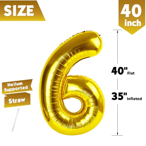 Image of 40 Inch Gold Number 6 Balloon Birthday Party Decorations for Men & Women | 40 Inch Gold inflatable foil number balloons, large birthday decorations for 6th birthday