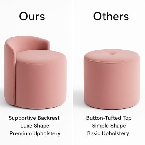 Image of Solid Wood Upholstered Ottoman Stool For Living Room With Backrest | Memory Foam Mudda Puffy Stool for Drawing Room | Sofa Style Accent Chair for Dressing Table & Bedroom | Round Footrest | Pink