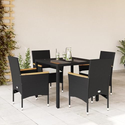 Gecheer 5-TLG. Garten Essgruppe 4 Personen, Rattan Gartenmöbel Set, Balkonmöbel Set, Gartentisch mit Stühlen, Terrassenmöbel Set, Balkon Lounge, Gartengarnitur Sitzgruppe mit Kissen Schwarz
