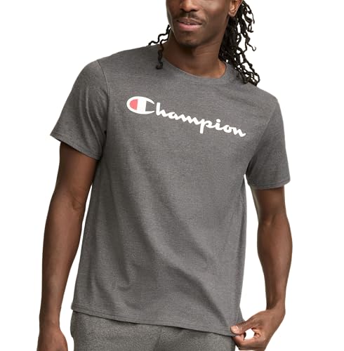 Champion Men's Graphic Short Sleeve T-Shirt, Standard Fit, Classic Script Logo, Midweight 100% Cotton, Available in Regular and Big & Tall, Granite Heather, Small
