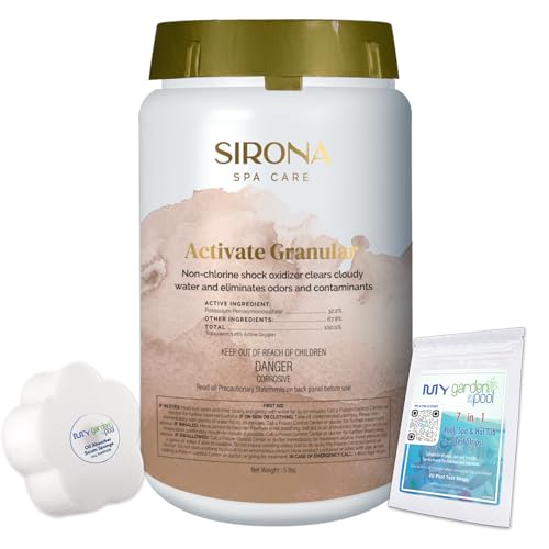 Sirona Activate Granular 5 lb 82141 Spa Shock Oxidizer Non-Chlorine Spa Care for Fresh Clear Water Includes My Garden Pool Scum Sponge 7-in-1 Test Strip & Pool-IQ AI Assistant