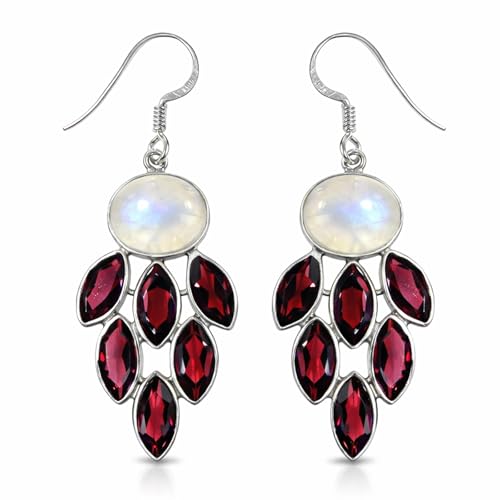 Boucles d'oreilles pendantes argent 925 pierres précieuses grenat et pierre de lune femme