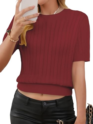 Image of Libsorge Womens Cropped Short Sleeve Sweater Fall 2025 Crewneck Sheer Knit Tops - Lightweight, Thin, Crop, Slim Fit