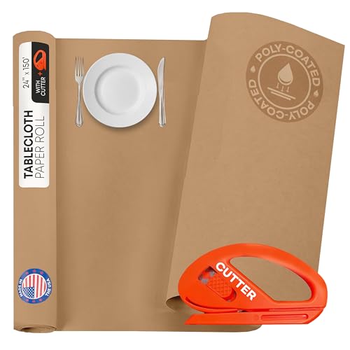IDL Packaging Rollo de Papel marrón para Mantel de 24 x 1800 Pulgadas (150 pies, 300 pies Cuadrados) con Cortador, Camino de Mesa de Papel marrón Natural Fabricado en Estados Unidos, Material Kraft