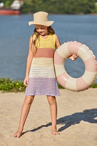 Image of Haloumoning Girls Color Block Crochet Knit Swim Cover up Kids Summer Sleeveless Beach Dress 5-14 Years