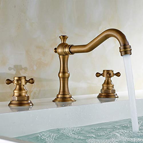 Beelee Deck Mounted Three Holes Double Handles Widespread Bathroom Sink Faucet, Antique Brass Finished