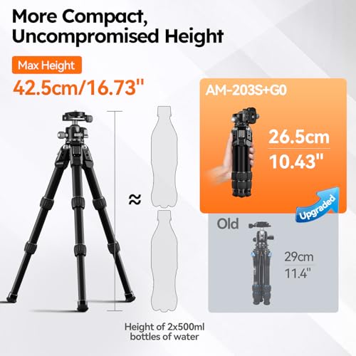 Image of SIRUI AM-203S+G0 Aluminum Mini Desktop Tripod, Low-Profile Ball Head | 1.9LB Lightweight, 33LB Load, 16.7 inch Height, DSLR, Mirrorless Camera, Phone, Vlogging, Tabletop Photography
