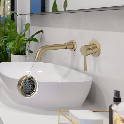 PHASAT Wall Mounted Bathroom Sink Tap Concealed Brass Basin Hot and Cold Mixer Tap, Brushed Gold PTBB06LG - Image 4