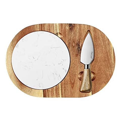 hecef Oval Wooden Cheese Board Set, Acacia Wood Cheese Serving Board with White Marble, Cheese Knife Charcuterie Platter Cheese Serving Tray for Cheese Cake Appetizers, Housewarming Cover
