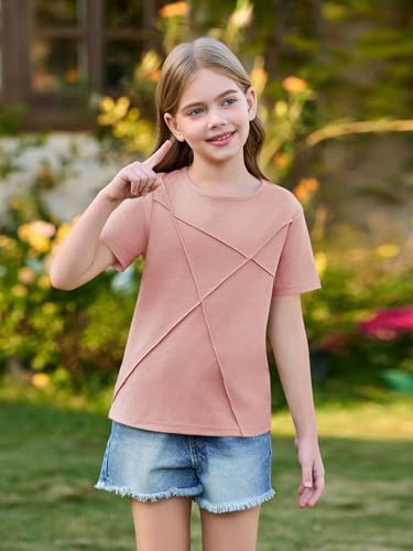 Haloumoning Girls Short Sleeve T Shirts Kids Summer Fashion Pleated Crewneck Tops Tees 5-14 Years4