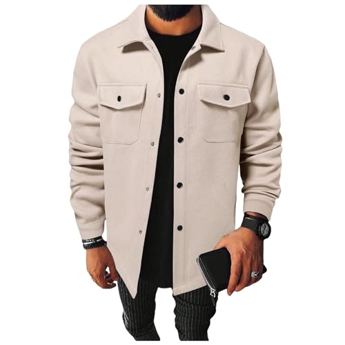 Mens Shirt Jacket with Flap Pocket Woolen Blend Lapel Collar Shirt Shacket Snap Button Casual Long Sleeve Thick Coat