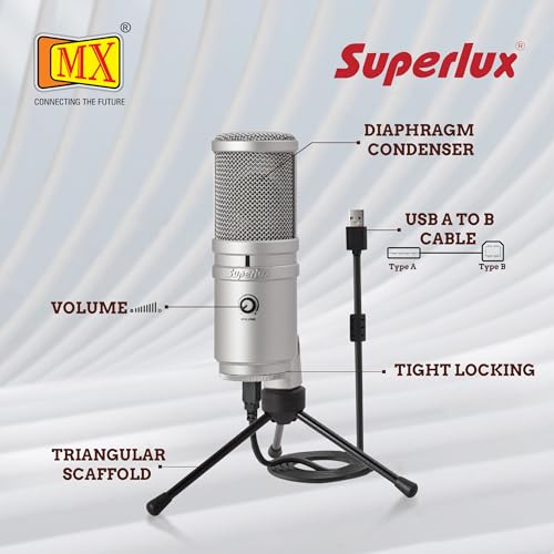 Image of Superlux E205U USB Condenser Microphone - Champagne Silver, Super-Cardioid, 20 Hz-20 kHz, Plug-and-Play for Podcasting, Home Studio, Streaming & Voice-Over