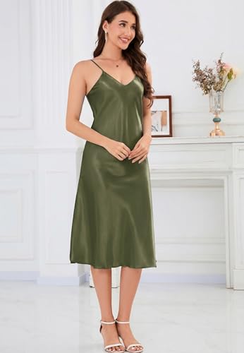Image of ALCEA ROSEA Women's Midi Satin Slip Dress Adjustable Spaghetti Strap Nightgown Silky Under Dresses