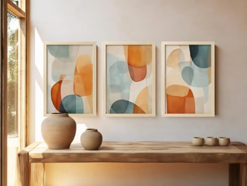 Image of BLINKART Set of 3 Teal Orange Natural Brown Frame Painting for Wall Decoration - Modern Art Wall Decor Framed Painting for Living Room Bedroom - Framed Wall Posters /Paintings (8X12 inch)
