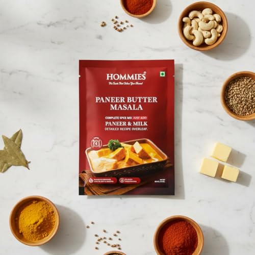 Image of Hommies Dhaba Style Paneer Butter Masala Curry Spice Mix (Pack of 4) | Ready to Cook in 15 mins | Just Add Paneer and Milk | Shahi Paneer Butter Masala Spice Mix | Serves 4 | Made with Cashew Nuts | No Preservatives | 200 gm (50 gm each)