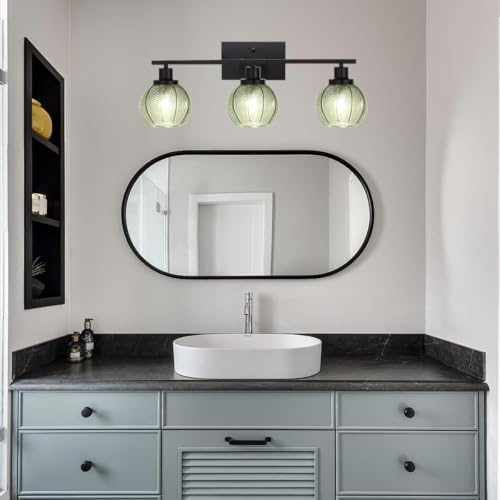 Image of Farmhouse 3-Light Sage Green Glass Vanity Wall Light Fixture | Industrial 3-Light Sage Green Ribbed Globe Wall Sconce, E26 Lighting For Laundry, Powder Room, Hallway