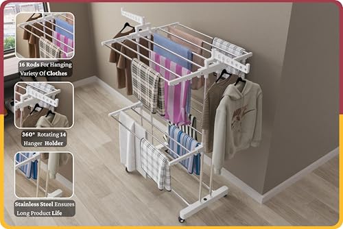 Image of Amiraj Premium Stainless Steel Clothes Drying Stand | 2 Tier 2 Pole Foldable Laundry Rack with Wheels & Sock Holder | Heavy Duty Indoor & Outdoor Cloth Dryer for Balcony, Terrace & Home - White