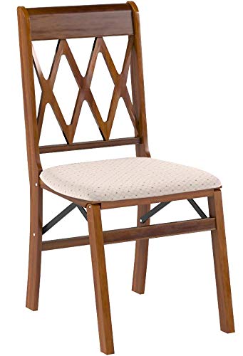 Stakmore - Juego de 2 sillas plegables de madera con respaldo de celosía con asientos acolchados, sillas de comedor plegables sin montaje, mecanismo plegable de acero, cojín tapizado, ahorro de 3