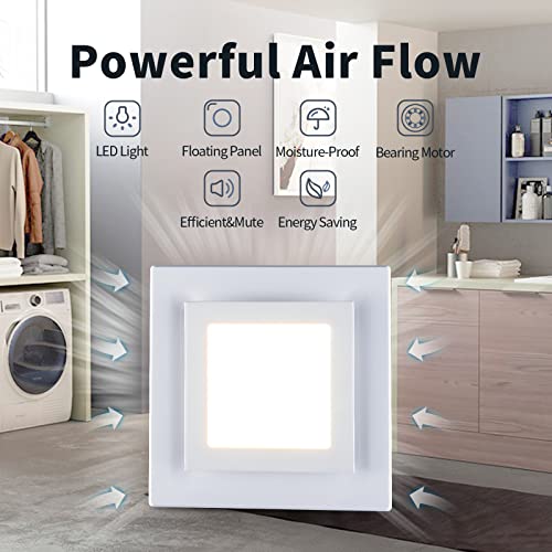 Zeyzer Bathroom Exhaust Fan With Led Light Square Quiet Modern Ceiling Mount Ventilation Fan Combination For Shower/Restroom/Office, 110 Cfm 1.0 Sones 4 Inches Duct 110V, White #TOP3