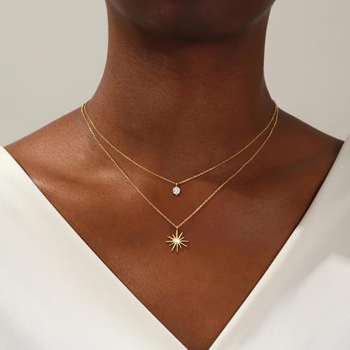 Gold Sun Star Pendant Necklace for Women, Dainty Small Diamond Choker 14K Plated Simple Interlocking Necklaces Cute Opal Cuba Cubic Zirconia Chain Non Tarnish Waterproof Jewelry Gifts2