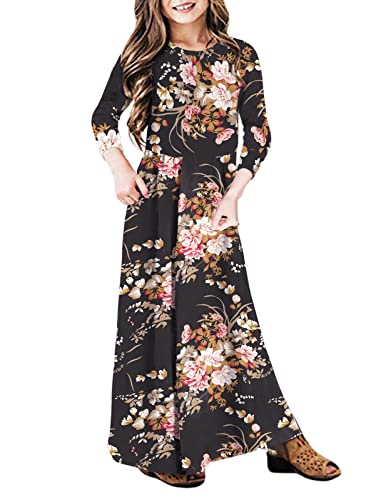 21KIDS Girls Maxi Dress Floral 3/4 Long Sleeve Dresses with Pockets for Girls, Black, 6 Years