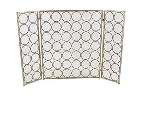 Deco 79 Metal Geometric Foldable Mesh Netting 3 Panel Fireplace Screen With Circle Pattern, 47" X 1" X 32", Brass #TOP4