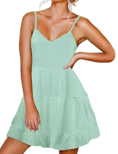 Image of FANCYINN Women Floral Casual Tiered Mini Dresses Spaghetti Strap V Neck Backless A Line Swing Short Dress with Pockets