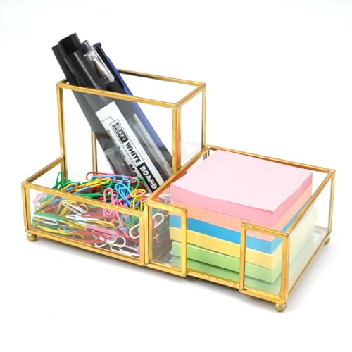 Shonmogar Desk Organizer with 3-Compartments,Glass Small Desk Organizer for Pens
