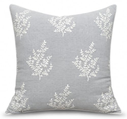 VAGMINE Embroidered Fern Leaf 20x20 Throw Pillow Cover, Light Grey