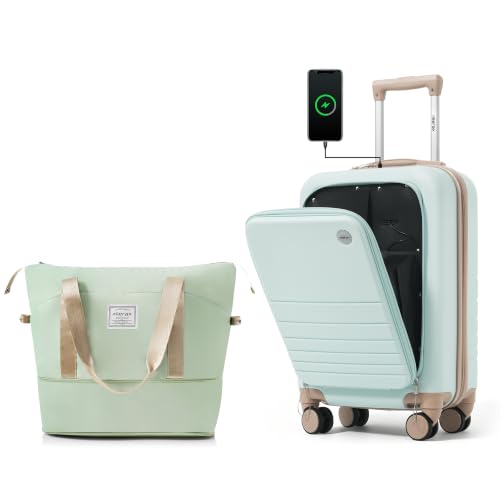 Image of 20 Inch Checked Suitcase with TSA Lock Travel Duffel Bag Wet-Dry Toiletry Bag, Green Front-Opening