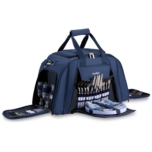 VonShef Picnic Holdall, Extra Large Navy Bag with 6 Person Dining & Cutlery Set, Picnic Travel Bag with Insulated Cooler Compartment, Beach & Camping Accessories