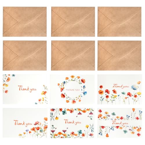 12 Cartes de remerciement – Lot de 12 avec enveloppes kraft, carte merci 6 motifs floraux, pour Mariage, Remise de Diplôme, Enseignant, Famille,...