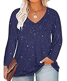 RITERA Plus Size Tops for Women Long Sleeve Sequin Blouse Blue Cocktail Shirt V Neck Dressy Tunic Fall Evening Party Sparkly 2XL 18W 20W