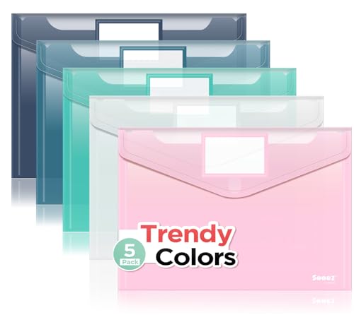 Sooez 5 Pack Plastic Envelopes, Plastic File Folders, Clear Folders
