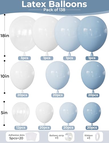 Adeyoo Dusty Baby Blue Balloon Arch Kit Garland - Blue and White Balloon Arch 138Pcs Multi-Size Slate Fog White Clear Latex Balloons for Baby Shower Christening Birthday Gender Reveal Party Decoration - Image 3