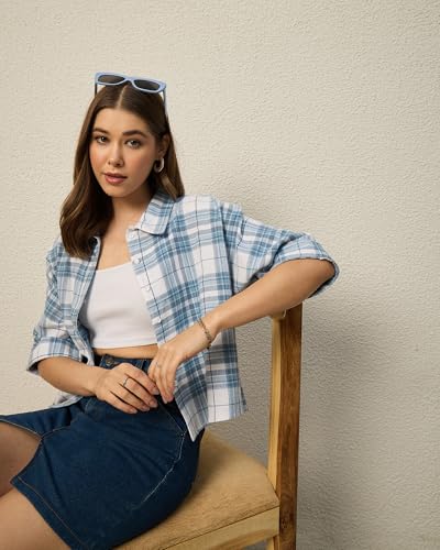 Image of Chimpaaanzee Women Checks Half Sleeve Crop Shirt