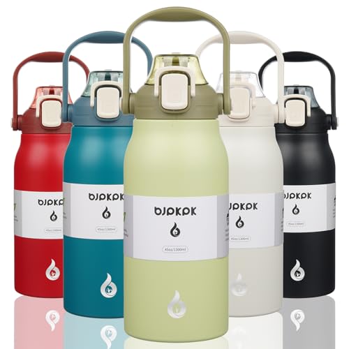 Water Bottle 48 Oz Sports Cap: Stay Hydrated with Stylish Durability 2 BJPKPK Insulated Water Bottles with Straw, 45 oz Stainless Steel Metal Water Bottle with One-handed Opening Lid, BPA Free Reusable Jugs, Thermos for Gym Sports Outdoors, Light Green