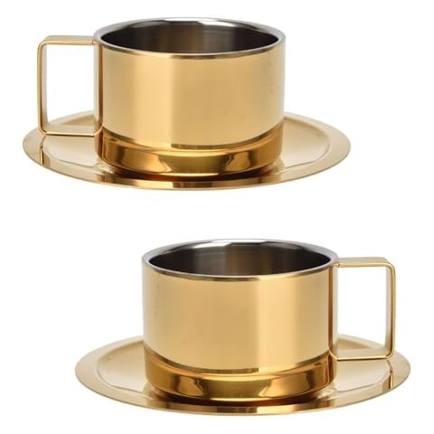 Beufee 2Pcs Espresso Cups and Saucers Set, Coffee Cup and Saucer Set Gold Coffee Mug Stainless Steel Demitasse Cups Exquisite Luxury Small Coffee Containers for Latte Cappuccino Tea, 200ML Cover