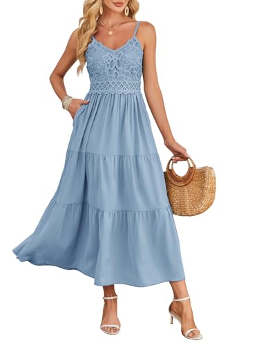Image of Dokuritu Women's Beach Crochet Lace Maxi Dress Solid Color Summer Vacation Wedding Guest Spaghetti Strap Long Dress