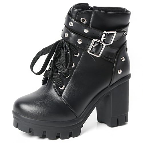Image of MEOTINA Goth Platform Boots Combat Boots Chunky Heel Ankle Booties for Women Punk Buckle Gothic Boot with Zipper Lace Up Dress Shoes Black /White
