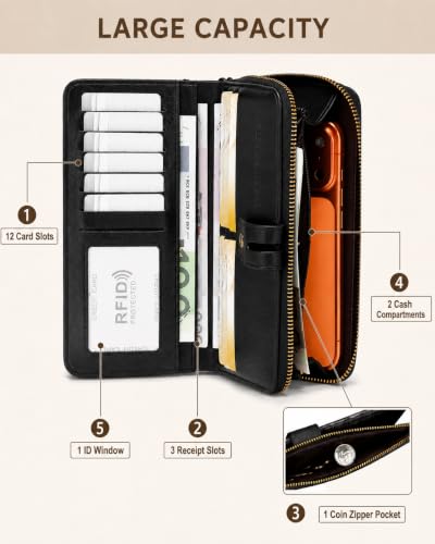 Image of Womens Wallet Rfid Blocking Bifold Leather Wristlet Cute Long Clutch Black | Large Capacity Card Holder Wallet Purse with Zipper,ID Window,Strap for Female Ladies Teen Girls
