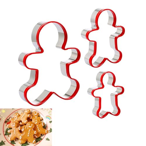Ginddy Emporte Piece BN,3 PCS Emporte Pièces Bonhomme en Pain Epice en Acier Inoxydable avec Bordure Rouge en PVC pour la Pâtisserie Maison la Création de...