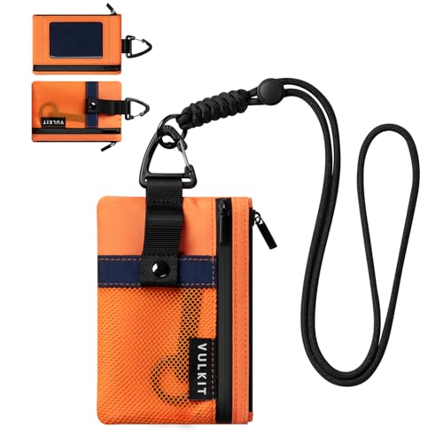 Image of VULKIT Small Minimalist Wallet for Women and Men RFID Blocking, Zipper Coin Pouch with ID Window and Keychain, Water Resistant Travel Lanyard Wallet Orange