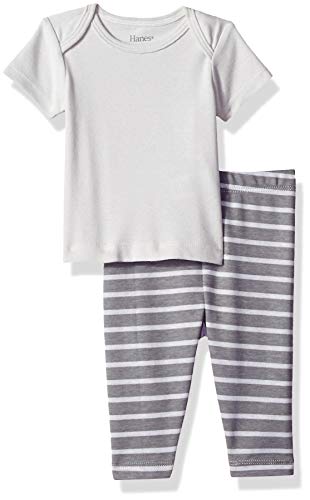 Hanes unisex baby Ultimate Flexy 2 Piece (Pant With Short Sleeve Crew Tee) Layette Set, Grey Stripe, 0-6 Months US