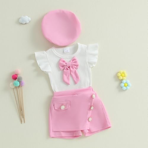 KMBANGI Toddler Baby Girl Skirt Set Ruffle Short Sleeve Bowknot Knitted T-Shirts Skirt Shorts Beret Baby 3Pcs Summer Clothes3