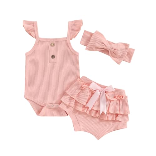 Image of VISGOGO Toddler Baby Girl Summer Clothes Solid Color Ribbed Romper + Ruffles Shorts + Headband Cute Outfits Set